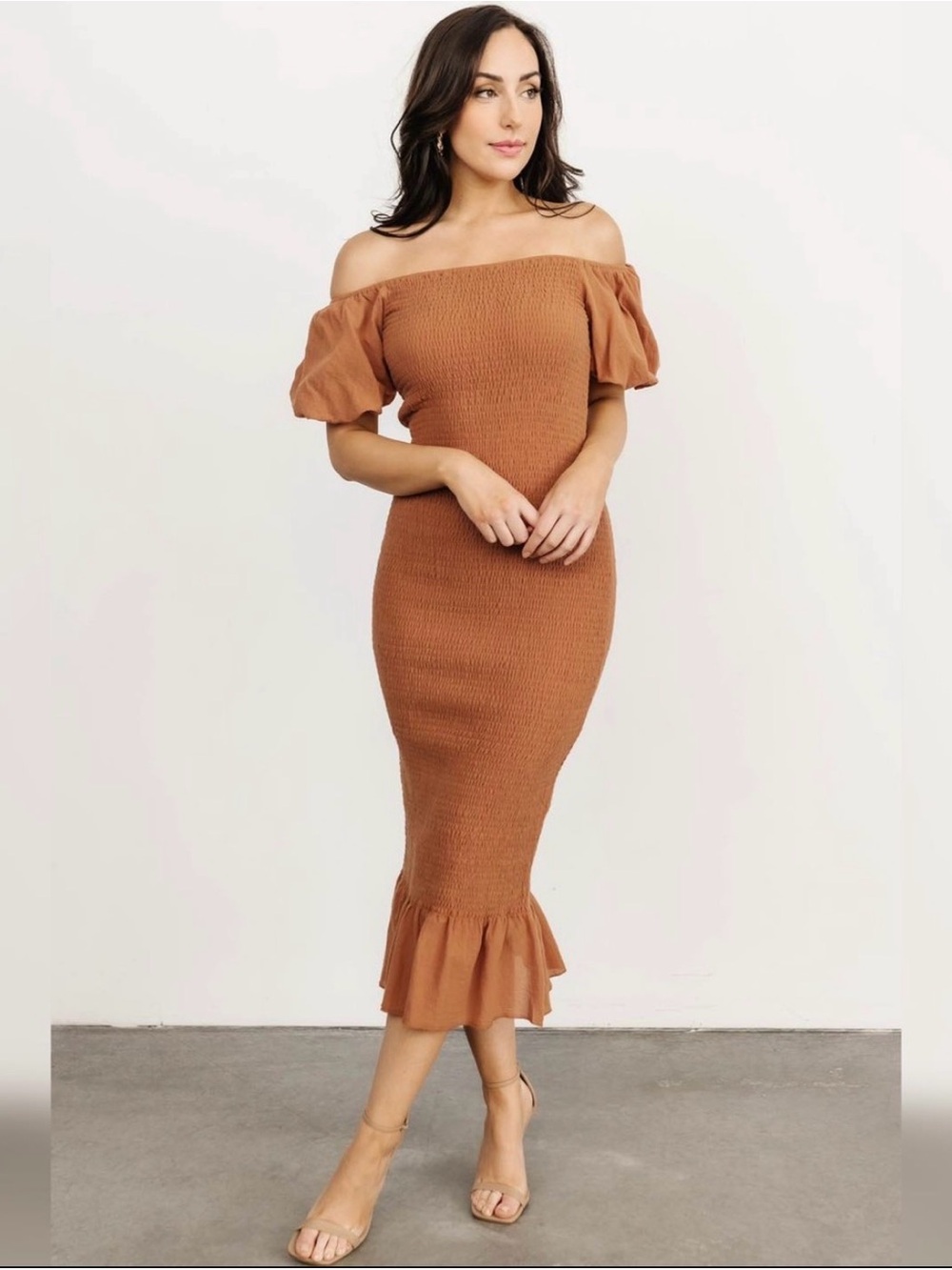 Baltic Born Off-Shoulder Midi Dress with Puff Sleeves